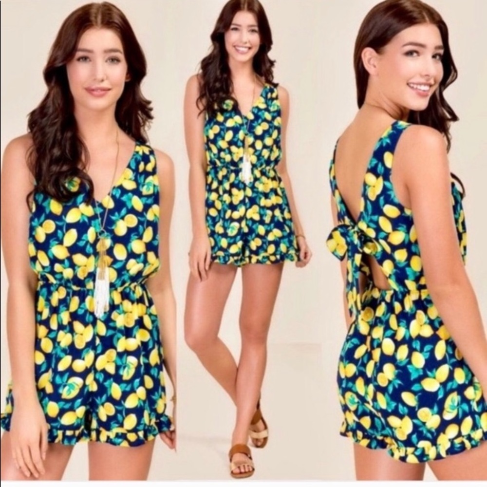 NWOT Blue Rain lemon print romper w/ open tie back